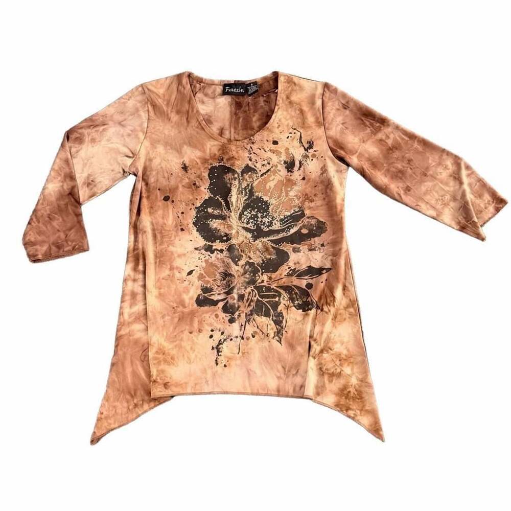 Frazzle Floral Tunic Top Size S Brown Rhinestone Asymmetrical Hem
